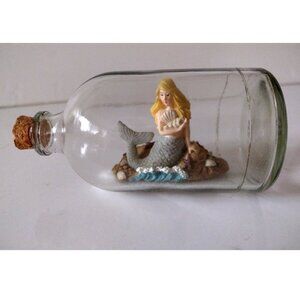 Vintage Handicraft Mermaid Statue Figurine In Glass Bottle With Real Cork